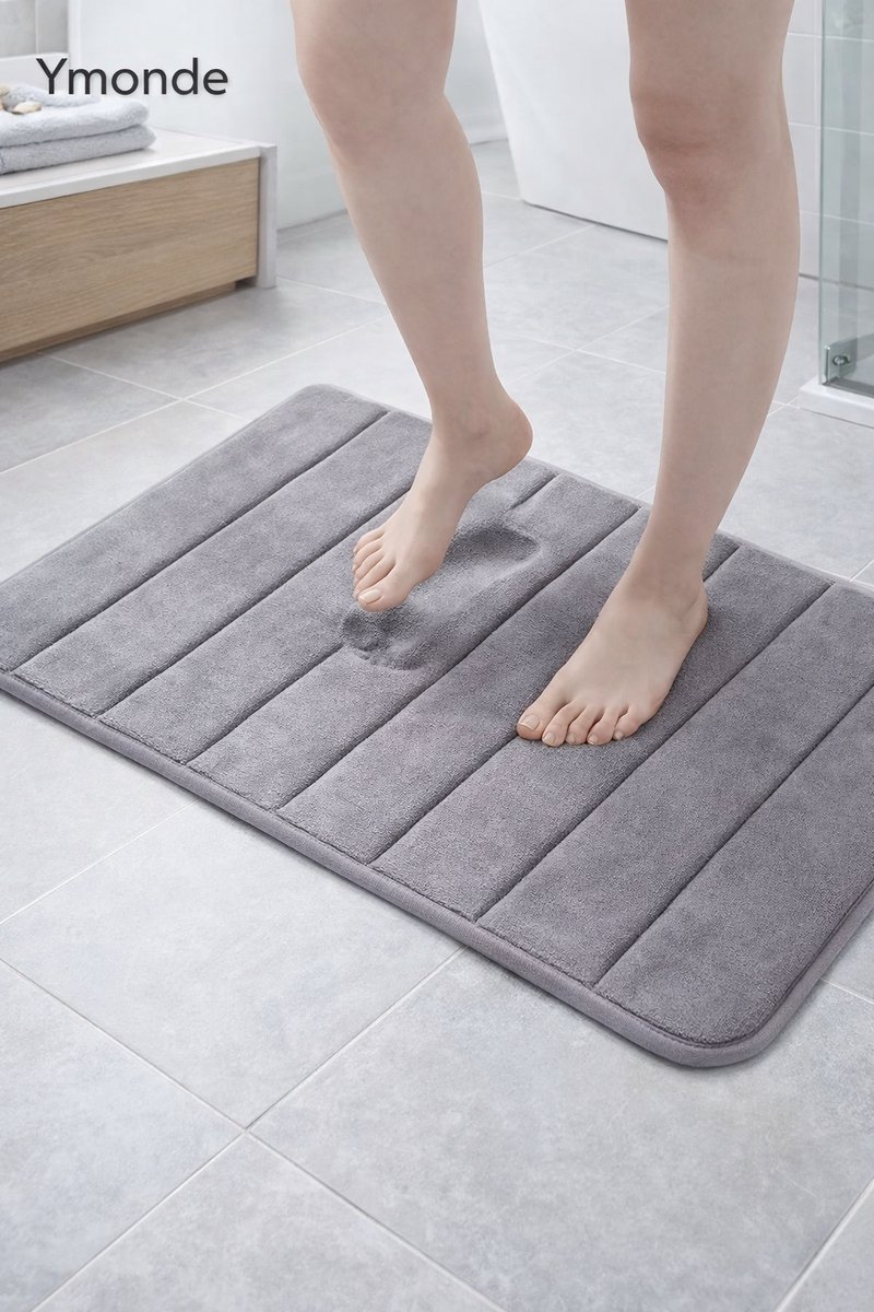 Ymonde Grijze Anti-Slip Badmat – 50×80 cm – Verticaal Strepenpatroon – Badkamer Mat – Veilig & Comfortabel