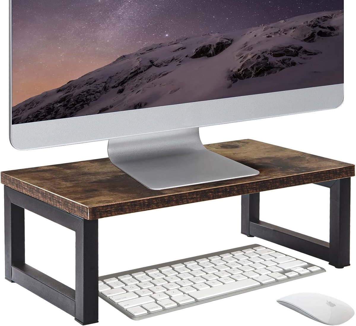 Famanu – Houten monitorstandaard met metalen frame, stijlvolle bureau-organizer, 40 x 23 x 14 cm, natuurlijk hout