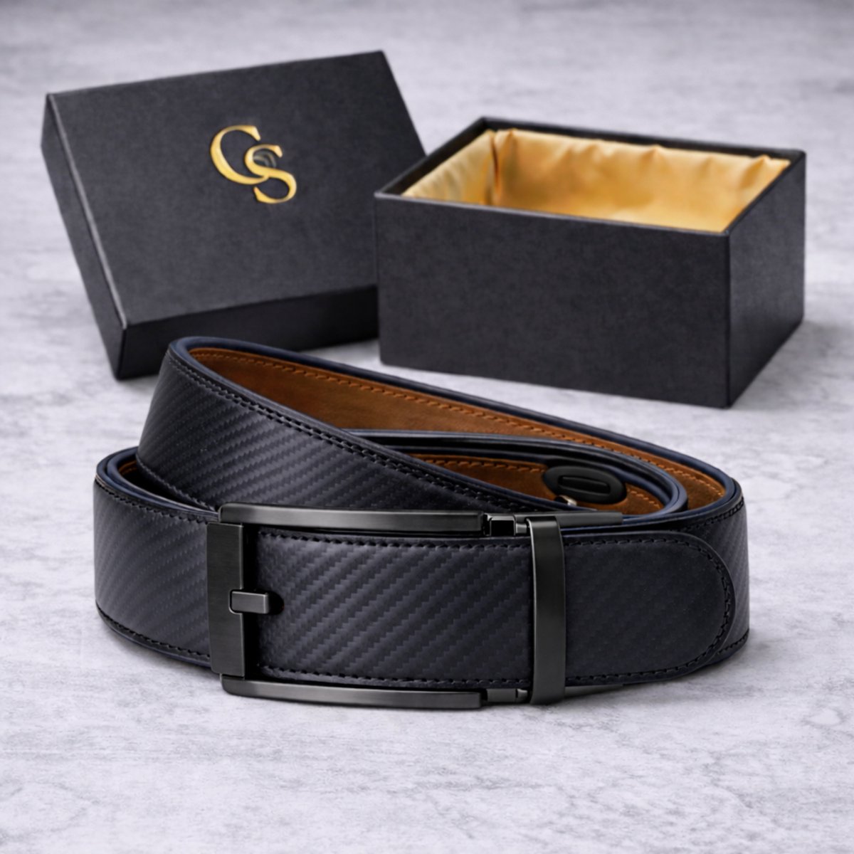 GoldStandard - Riem heren - Leren riem heren - Riem zonder gaatjes - Volnerf Leer - All Black Carbon