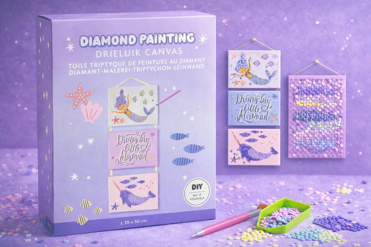 Diamond Painting Drieluik Canvas – Zeemeermin – DIY knutselset voor kinderen – Inclusief steentjes & tools
