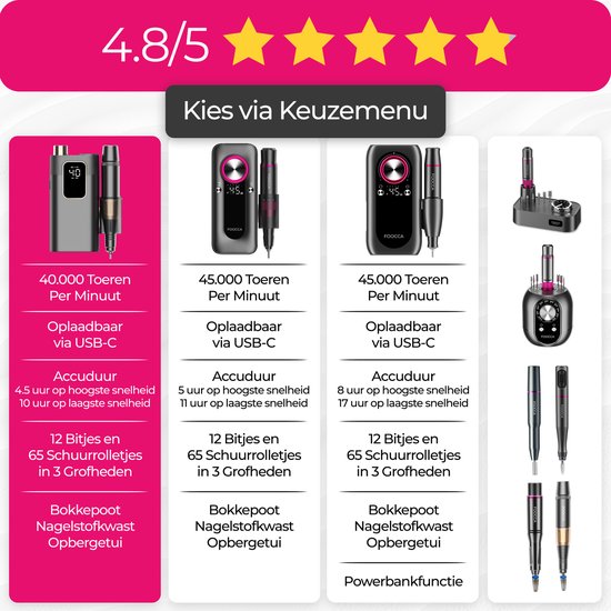 FOOCCA® Elektrische Nagelvijl - Nagelfrees 40000 RPM - Oplaadbaar - FOOCCA Portable - 12 Bitjes + 65 Schuurrolletjes + 3 Accessoires - Nagelstofkap - Manicure en Pedicure Set - Broekriemclip - Eeltverwijderaar - Kalknagels