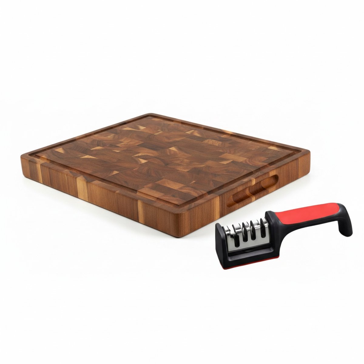 Easy Cooking Snijplank & Messenslijper Set – Acacia Houten Snijplank met Sapgeul (34x24 cm) + 4-in-1 Messen- & Scharenslijper