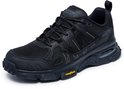 Zwarte Skechers wandelschoen met mesh, Goodyear zool en S-logo.