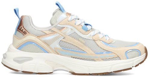 Wit met blauwe mesh en suède sneaker met dikke witte zool en bruine loopzool.