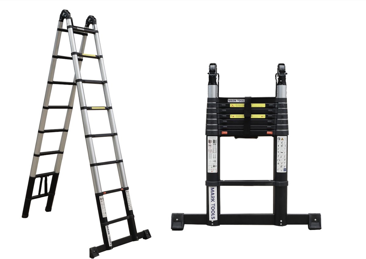 MARK TOOLS PRO - Telescopische Vouwladder 2x8 - 2,80 meter – werkhoogte A-stand: 3,40 meter - Met Stabilisatievoet - Telescopische - Soft closing - MET GRATIS TAS