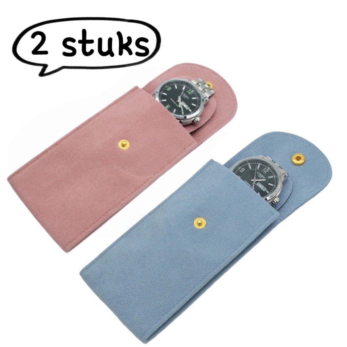 2-delige horlogetas - Premium horlogetas van fluweel met kralen en drukknoopsluiting - Krasbestendige, draagbare hoes voor mechanische horloges - Verdikte, dubbelzijdige horlogetas - Roze + Blauw