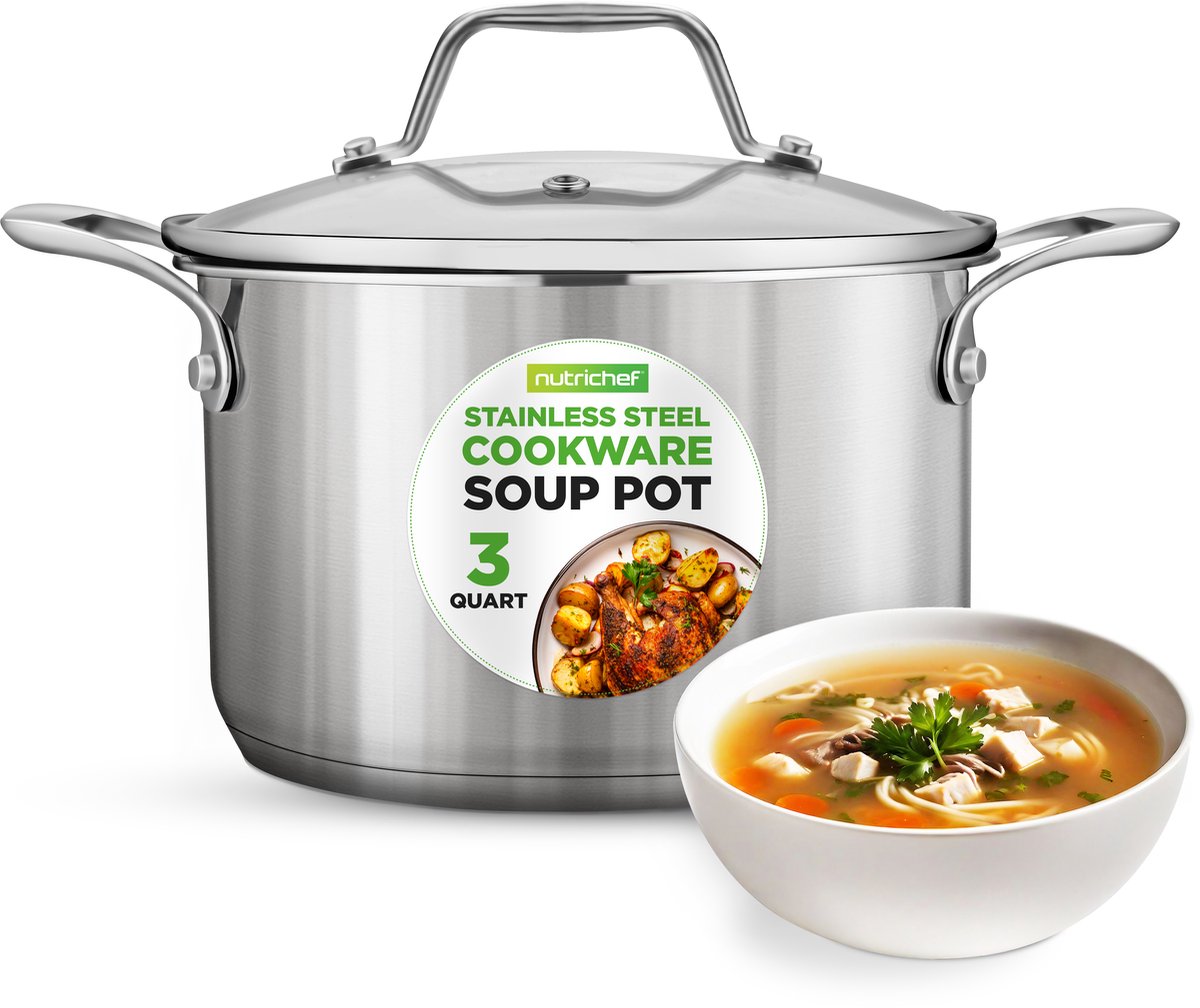 NutriChef Kookpot– 3 Liter Inductie Soeppot- Roestvrijstalen Kookpan met Deksel - Vaatwasmachinebestendig