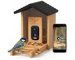 Voqella® Vogelhuisje met Camera - Vogelvoederhuisje met Camera - Voederhuisje voor Vogels - Vogelvoederstation - Bird Feeder - Met Zonnepaneel - Video & Audio - Bamboe Hout