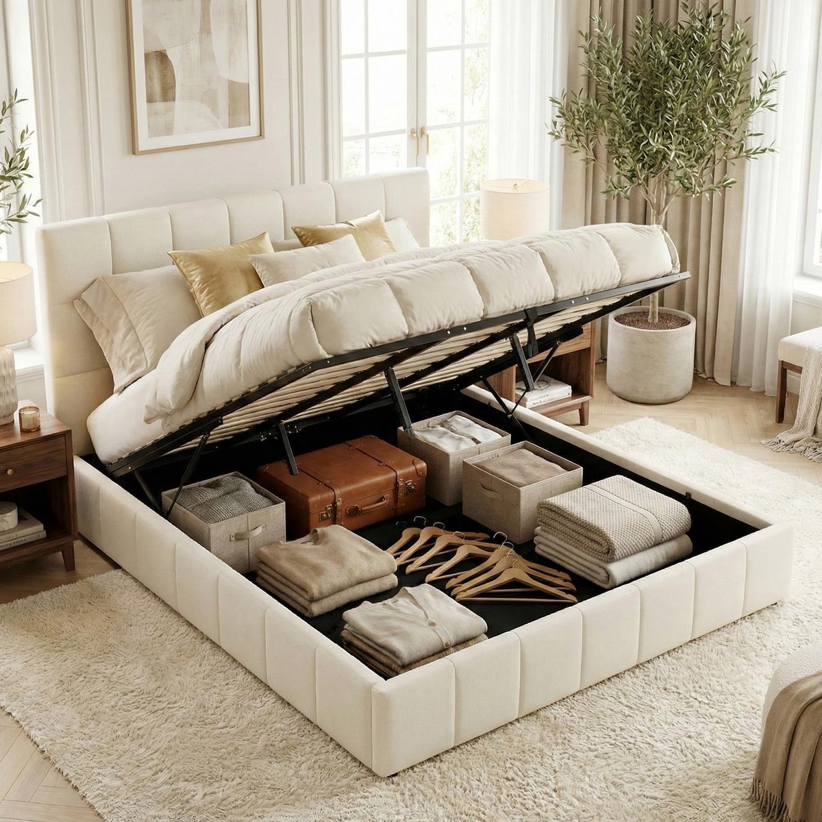 CLP Bed met opbergruimte gestoffeerd Ladia - bedframe voor matrassen - lattenbodem met liftmechanisme - tweepersoonsbed met stoffen be creme