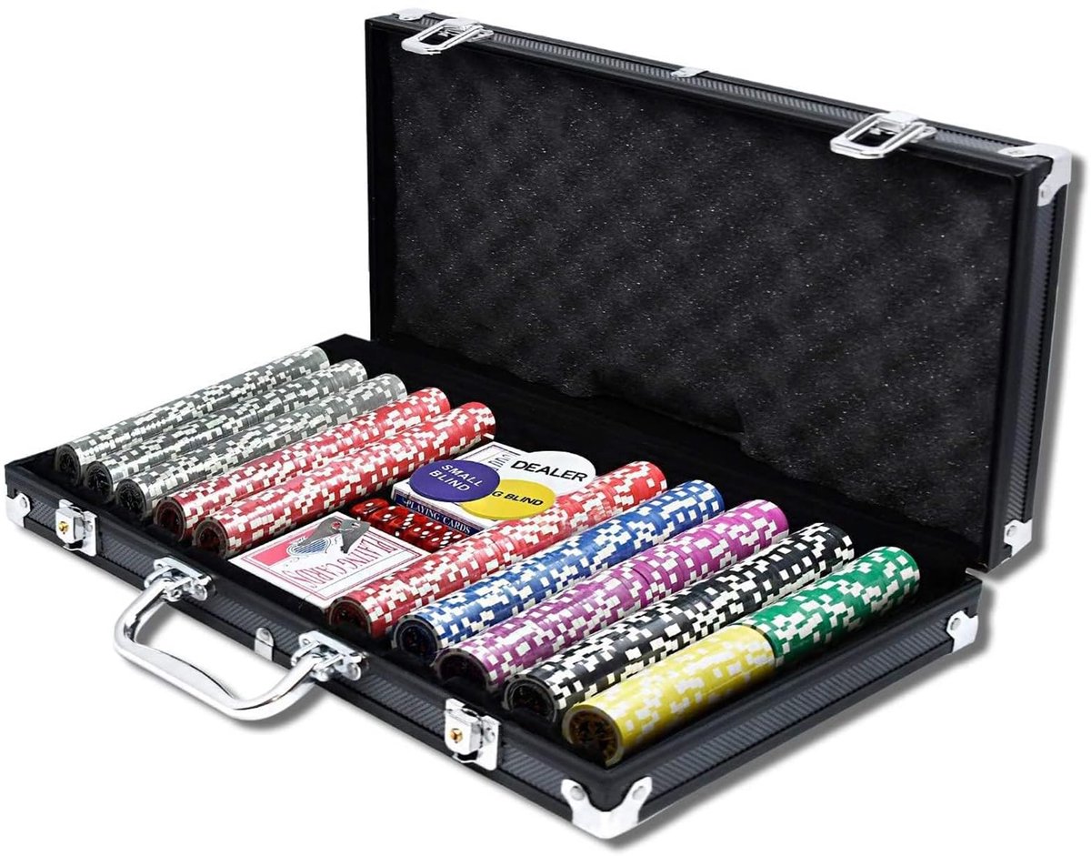 Aufun Pokerkoffer 500 Laser Pokerchips 12 Gramm Metalen Kern – Poker-Set met Zilveren Aluminium Huis, 2 Pokerdecks, 5 Dobbelstenen en Dealer/BB/LB Buttons, Zwart (2 Sleutels Inbegrepen)