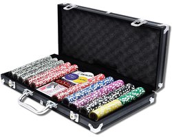 Aufun Pokerkoffer 500 Laser Pokerchips 12 Gramm Metalen Kern – Poker-Set met Zilveren Aluminium Huis, 2 Pokerdecks, 5 Dobbelstenen en Dealer/BB/LB Buttons, Zwart (2 Sleutels Inbegrepen)
