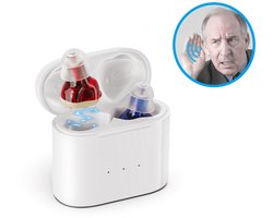 Hoortoestel met draadloos opladen, magnetische bevestiging en ruisonderdrukking - rood en blauw