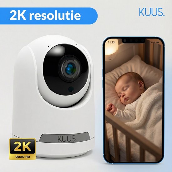 KUUS. BM2 WiFi Babyfoon met Camera en App (Zonder los scherm) – 2K Baby Monitor – 360° Draaibare & Kantelbare Babycamera – Scherpe Nachtvisie – Bewegings- & Geluidsmeldingen – EU Cloud & SD Opslag | KUUS. BM2