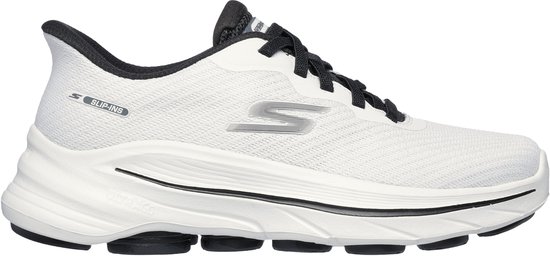 Witte Skechers slip-ins sneaker met zwarte veters en details. De zijkant heeft een 'S' logo en 'SLIP-INS' tekst.