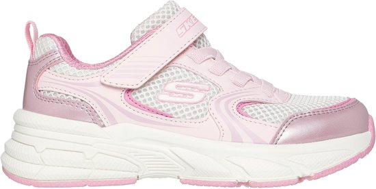 Roze Skechers sneaker met roze en witte details, veters en klittenbandsluiting.