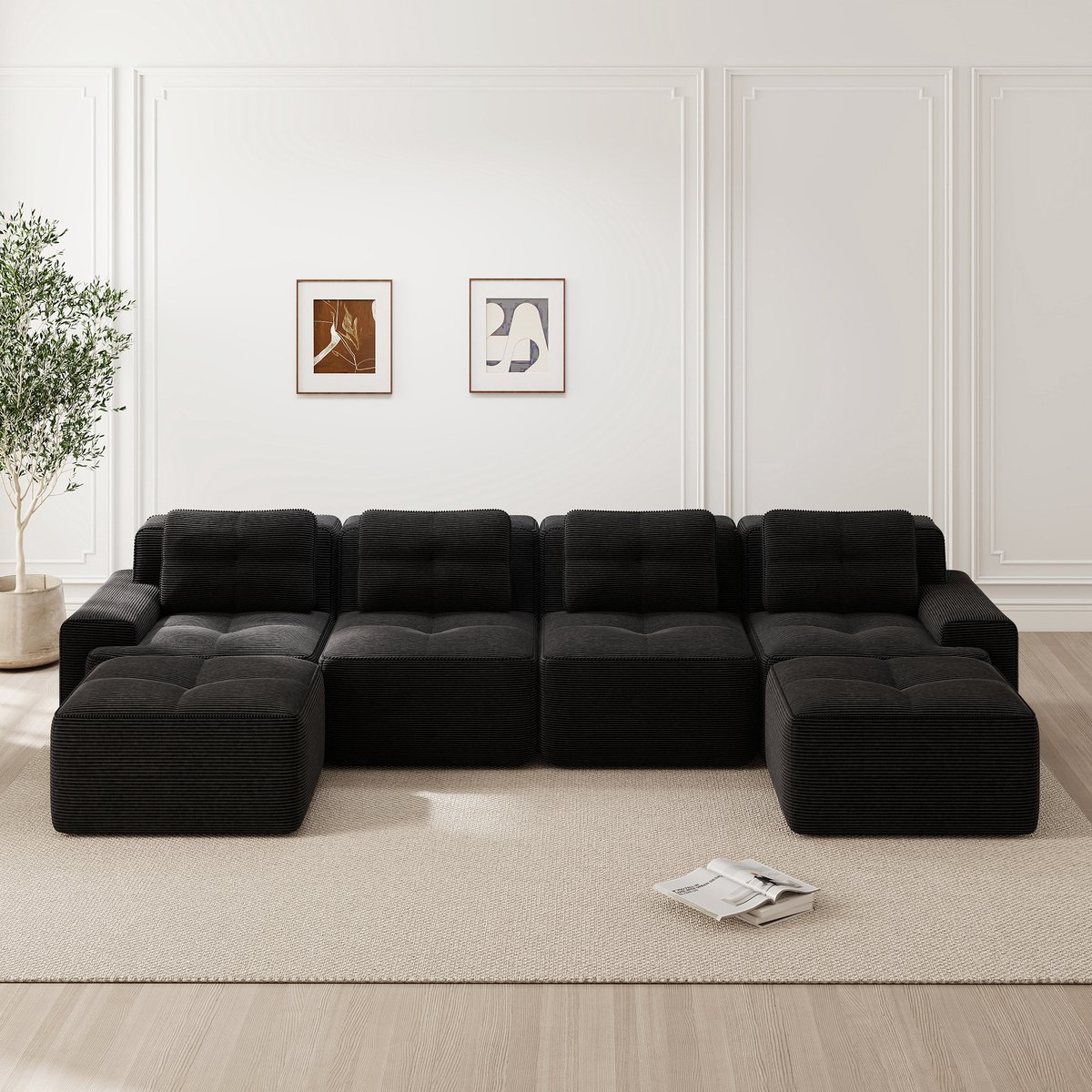 Merax Woonkamer 4-zits bank - modulaire U-vormige chaise longue bank - corduroy wolkenbank - geen montage nodig - antislip ontwerp - zwart