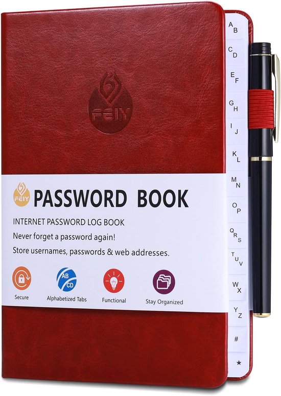 Foto: Alfabetisch wachtwoordboek met tabbladen en pen wachtwoordorganisator voor internet en contacten