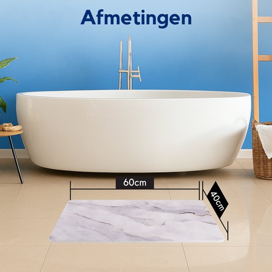Diatomiet badmat met marmerlook, 60cm lang en 40cm breed, voor een badkamer.