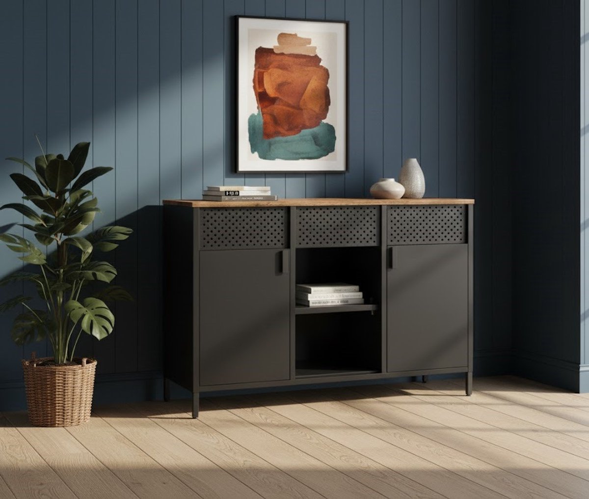 Industriële Opbergkast met Dubbele Deuren & Verstelbare Planken – Metalen Dressoir / TV-Me