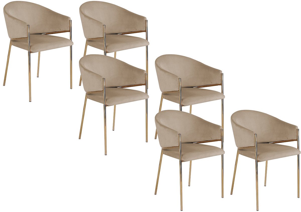 Vente-unique Set van 6 stoelen met armleuningen in fluweel en goudkleurig metaal - Beige - ORDIDA