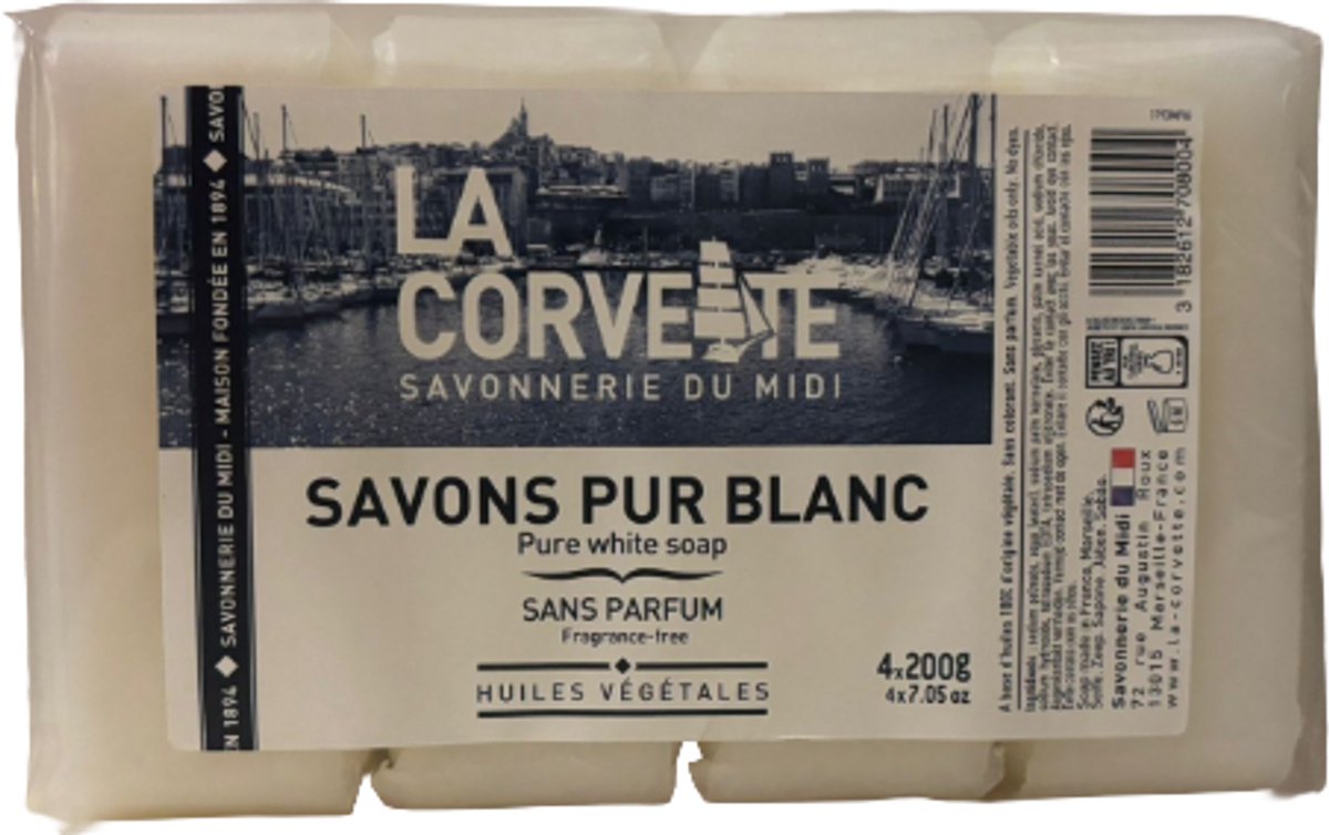 Pure witte zeep - 4 x 200 g - La Corvette - Voordeelbundel - 100% plantaardig - Geen geur en kleurstoffen - Natuurlijke zeep - Savon de Marseille