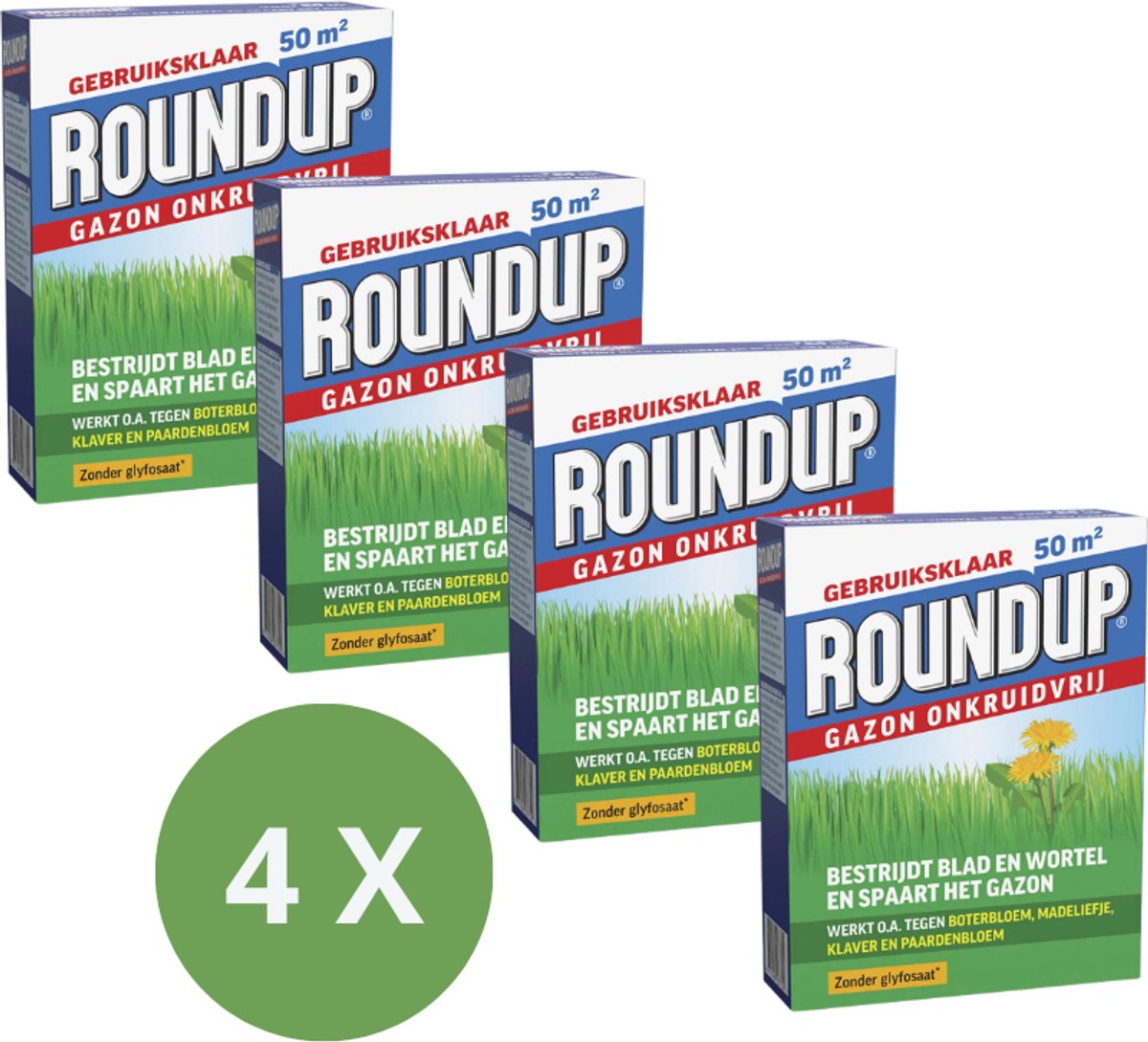 ROUNDUP® Gazon Onkruidvrij 1kg - 4 Stuks Voor 200 m2 - Bestrijdt blad en wortel en spaart het gazon - Werkt tegen o.a. botterbloem, madeliefjes, klaver en paardenbloem - Garden Select