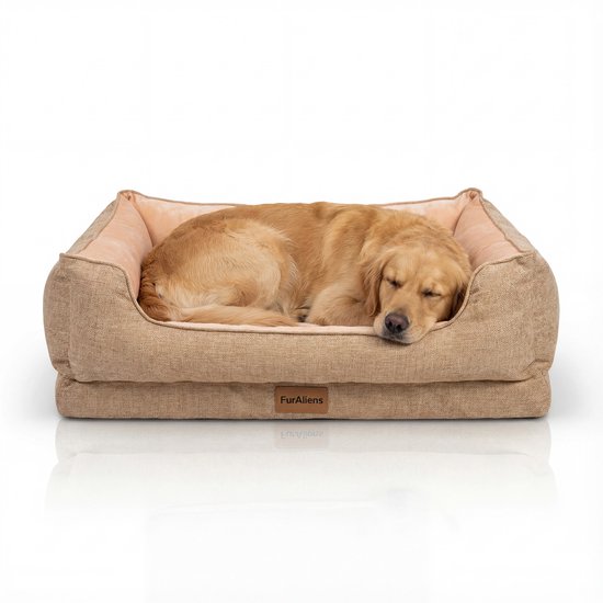 FurAliens Lit pour Chien Orthopédique 80×75×23 cm - Beige Chaud - pour Petits & Moyens Chiens – Lin Premium – Memory Foam - Panier pour Chien Anti-Stress avec Coussin pour Chien Ultra-Doux – Housse Lavable
