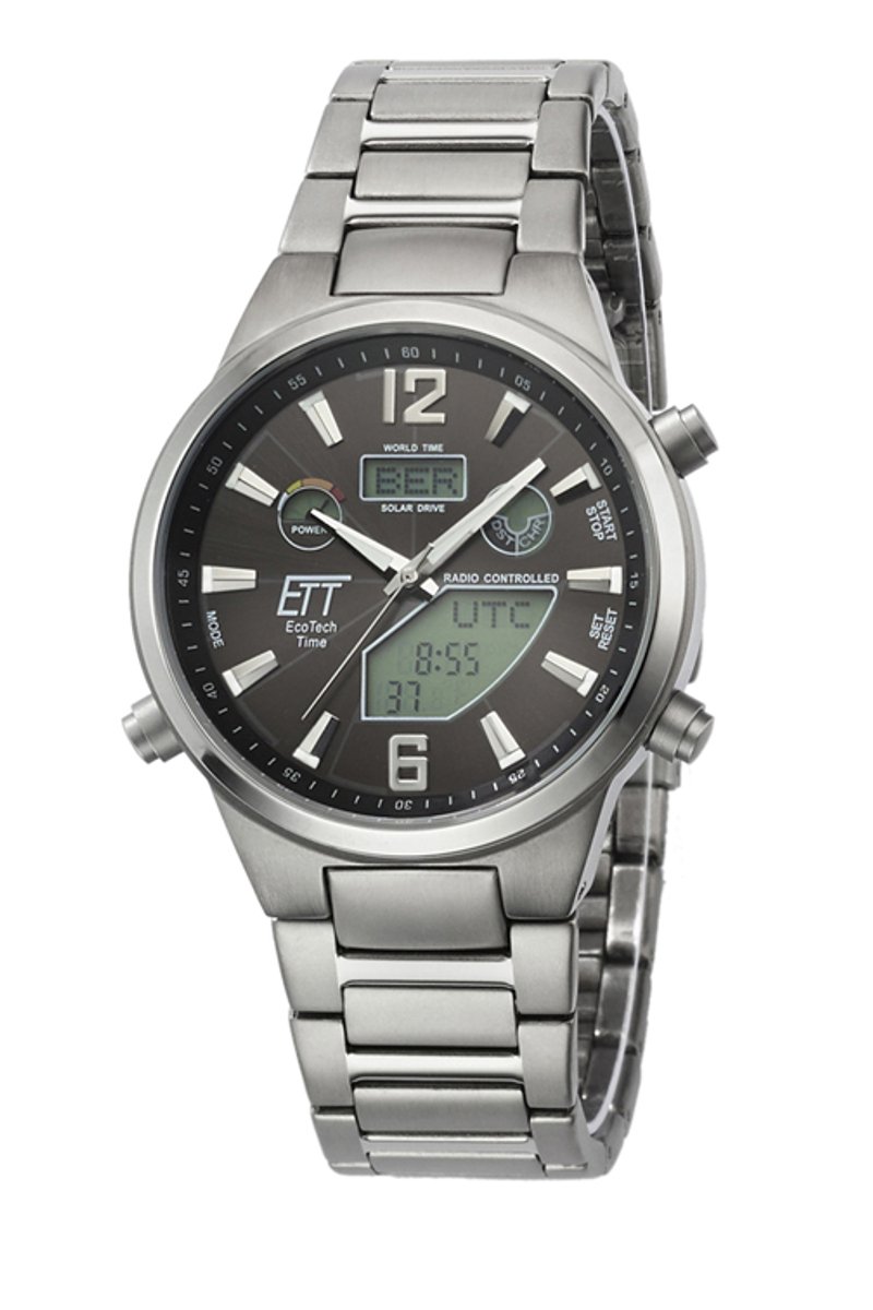 Eco Tech Time Solar Drive Tijdsein gestuurd Everest II Titanium Polshorloge Wereldtimer - EGT-11380-20M