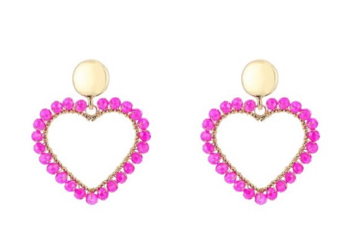 oorbellen met roze paarse harten - heart earrings - hart - kralen - fuchsia - stainless steel - waterproof