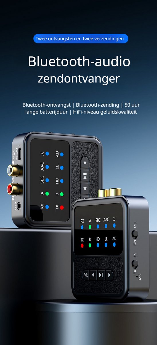 DrPhone PulseLink Bluetooth 5.4 Transmitter & Receiver – aptX Adaptive/HD/LL – Dual Connect – 24bit HiFi – 50u batterij – AUX & RCA - Zwart — afbeelding 3