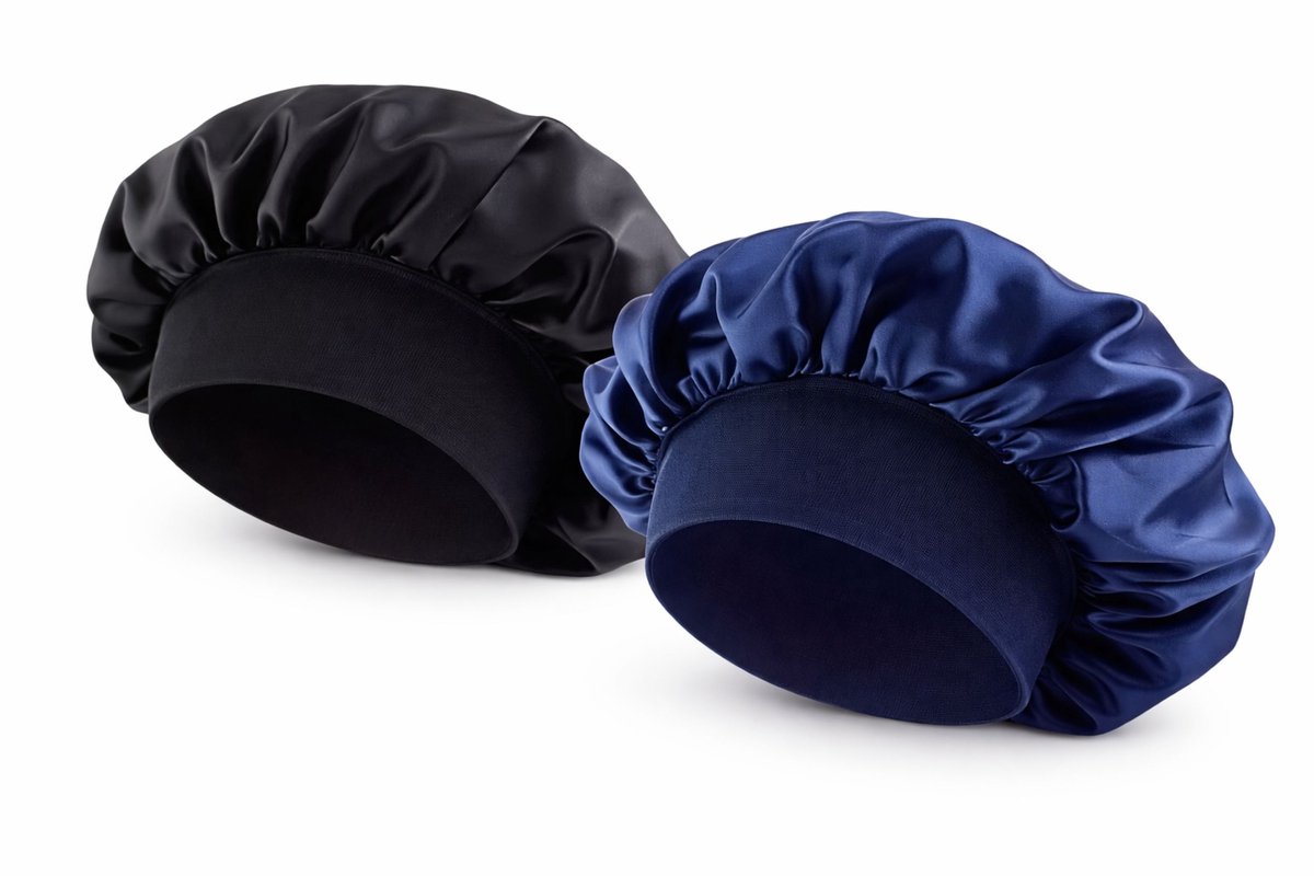 Oasins Satijnen Slaapmuts Set Zwart & Blauw – Luxe Haarmuts – Ademend & Comfortabel – Geschikt voor Krullen & Lang Haar – One Size (50-66 cm)