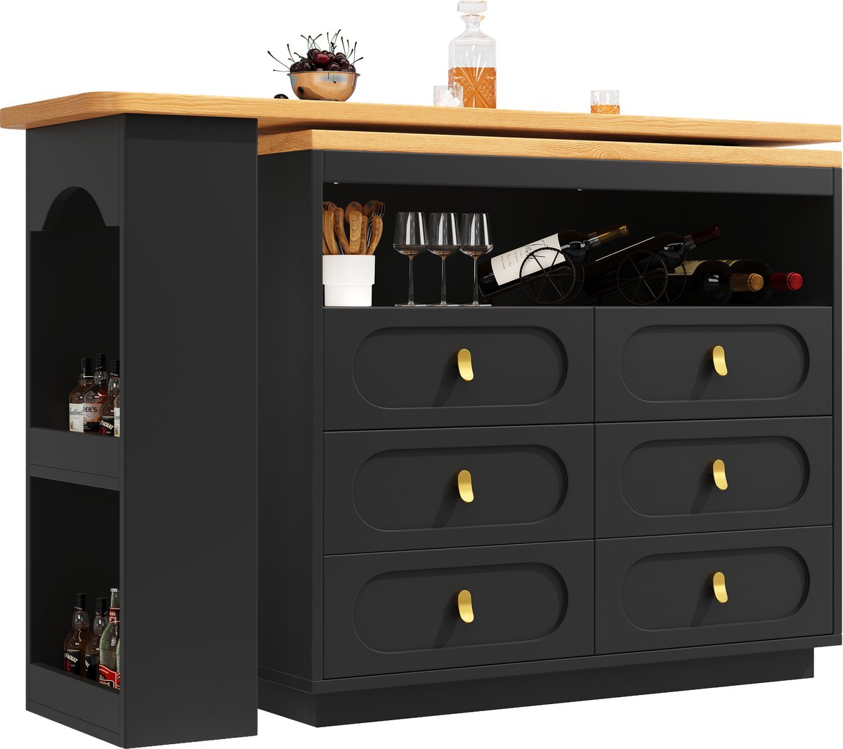 Uitklapbare Bartafel 138-203 cm - 360° Draaibaar - Met 6 Opberglades & Snackrek - Multifunctioneel voor Keuken en Homeoffice