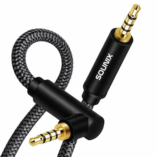 Câble Aux Sounix - Jack vers Jack - Câble Audio stéréo Jack 3,5 mm - 4 pôles - 2 mètres - TRRS - Plaqué or - Male vers Male - Universel - Zwart