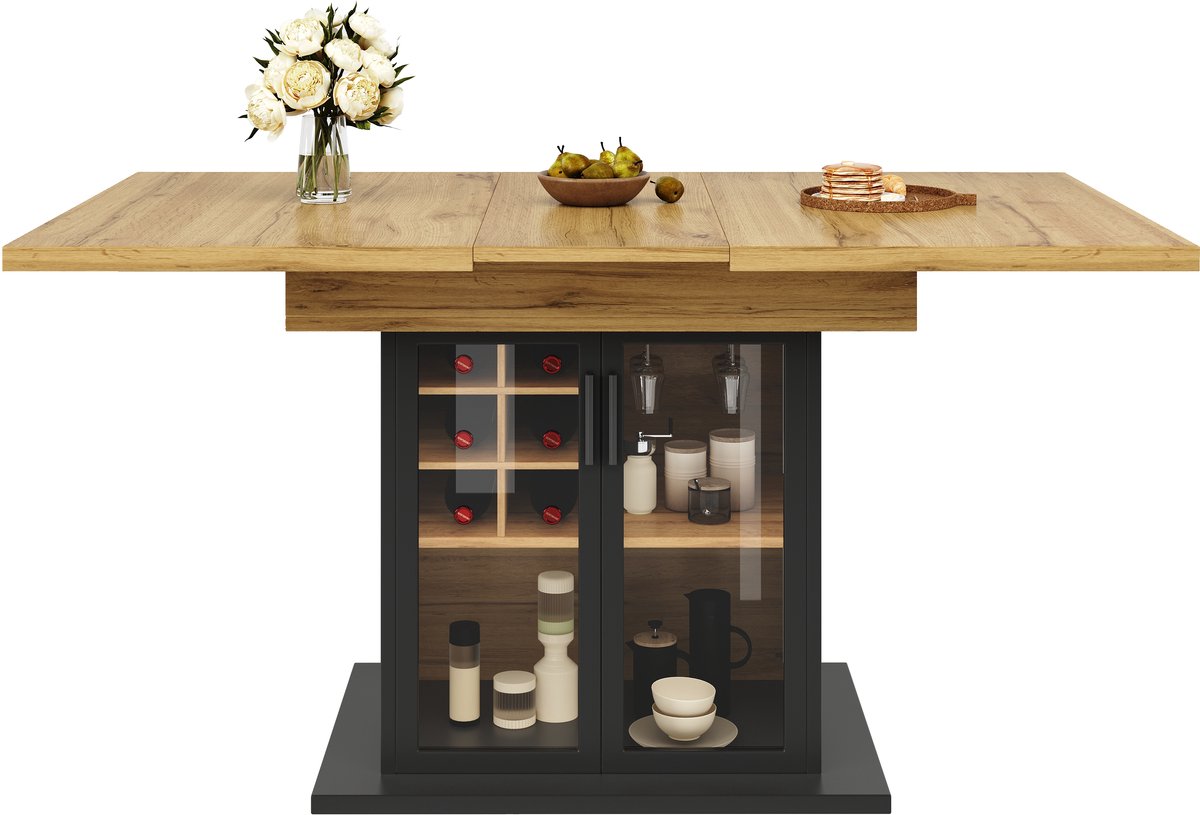Uitklapbare Eettafel / Bistrotafel - Voor 4-6 Personen (110→140 cm) - Met Bruine Glazen Deur & Wijnrek - Zwart Modern