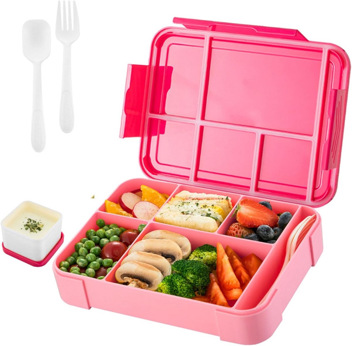 Lunchbox 1350 ml met 6 Compartimenten - Inclusief Bestek en Saucebox - Geschikt voor Magnetron en Vaatwasser - Pink