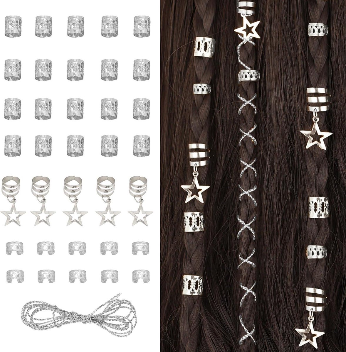 Ronte - Kralen en Hangers voor Vlechten en Dreadlocks - 36 Stuks - Verstelbare Vlechtringen - Haaraccessoires - Vrouwen en Meisjes - Zilver