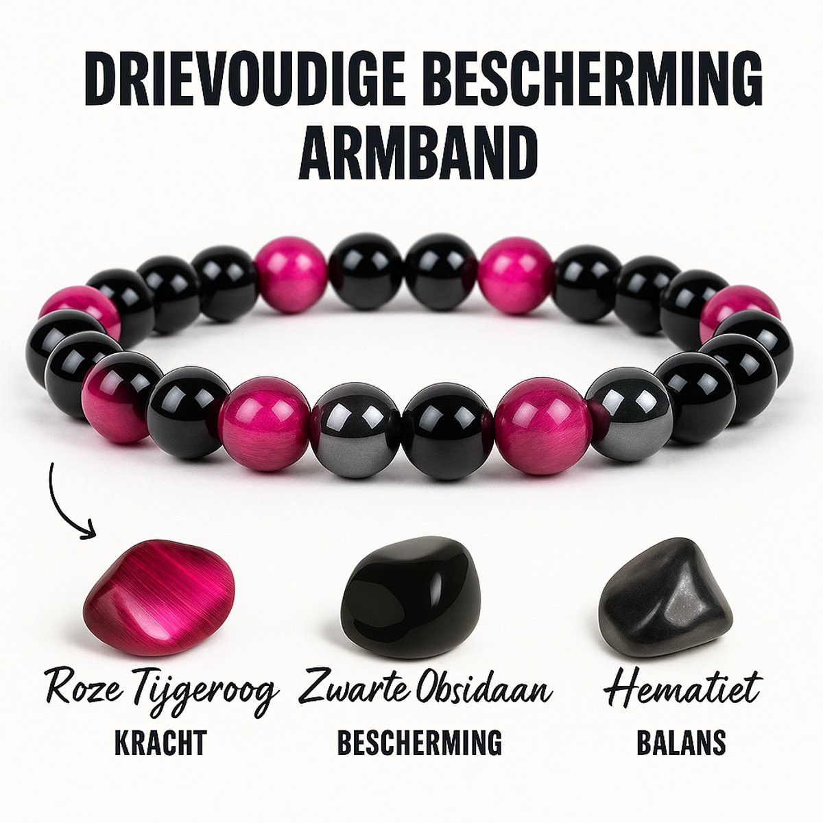 Triple Protection Armband – Rode Tijgeroog, Hematiet & Obsidiaan | Kracht, Bescherming & Aarding | Spirituele Energie Armband – S4H®