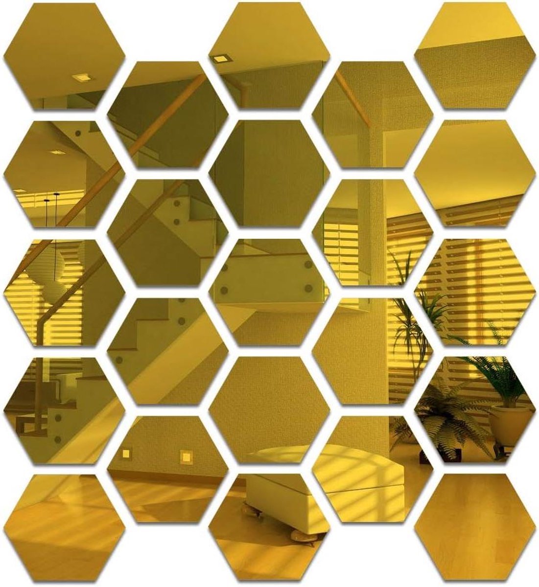Ronte - Gouden zeshoekige muurspiegelstickers set van 24 stuks voor slaapkamer en woonkamer - Zelfklevende spiegeltegels - Wanddecoratie - Esthetisch design - Acryl - 6,3 cm - Goudkleurig.