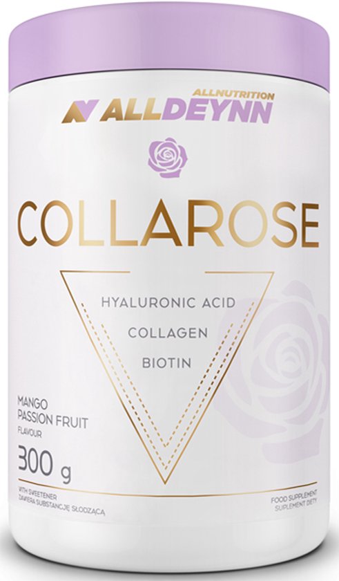 ALL NUTRITION COLLAROSE pot met hyaluronzuur, collageen en biotine. Mango passievrucht smaak, 300g.