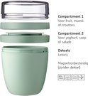 Een lichtgroene lunchpot uit elkaar gehaald, met demonstratie van de twee compartimenten voor fruit, muesli, yoghurt, soep of salade.