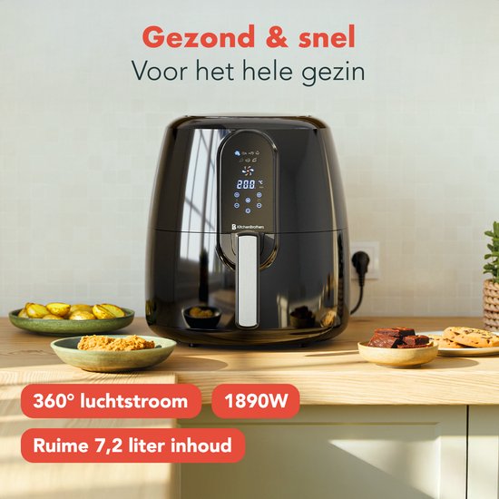 KitchenBrothers Airfryer XL - PFAS-Vrij - 1890W - Heteluchtfriteuse XXL - 7,2L Inhoud - 80ºC tot 200ºC - Zwart
