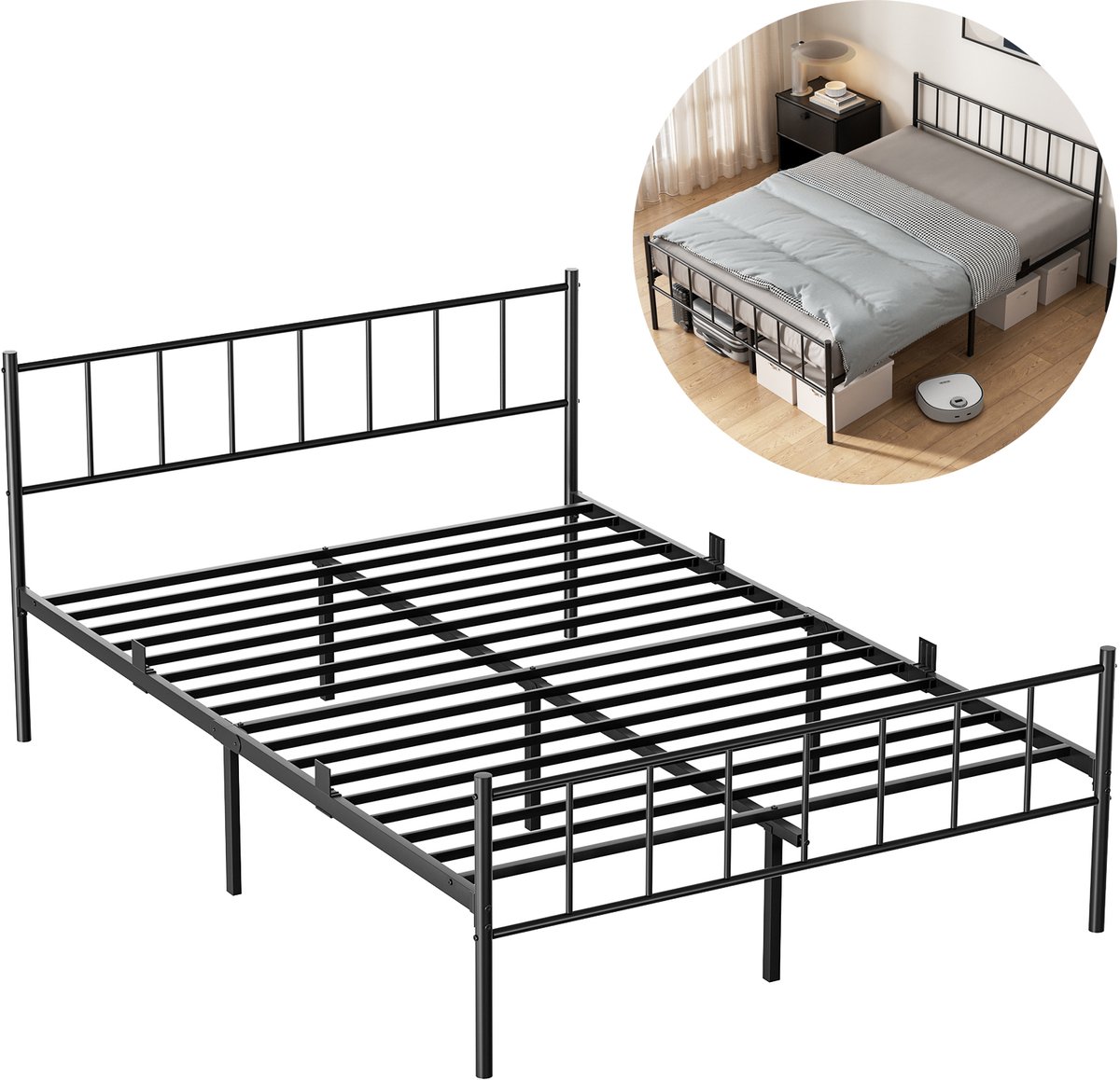 KUTAS Metalen bedframe 160x200 cm - Minimalistisch - Met Hoofdeinde - Anti Slip - Stevig - Roestvrij - Tweepersoonsbed - Zwart