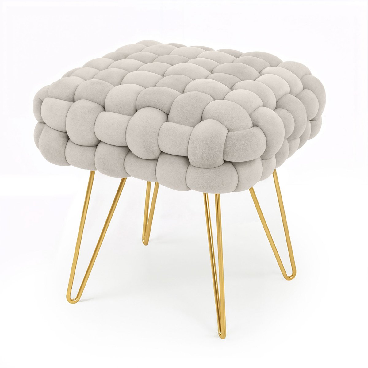 Gestoffeerde Fluwelen Poef DOTTY 38 cm / Vierkante Poef met Gouden Poten / Stijlvolle Kruk / Kaptafelkruk / Halstoel / Woonkamerstoel / Crèmekleur