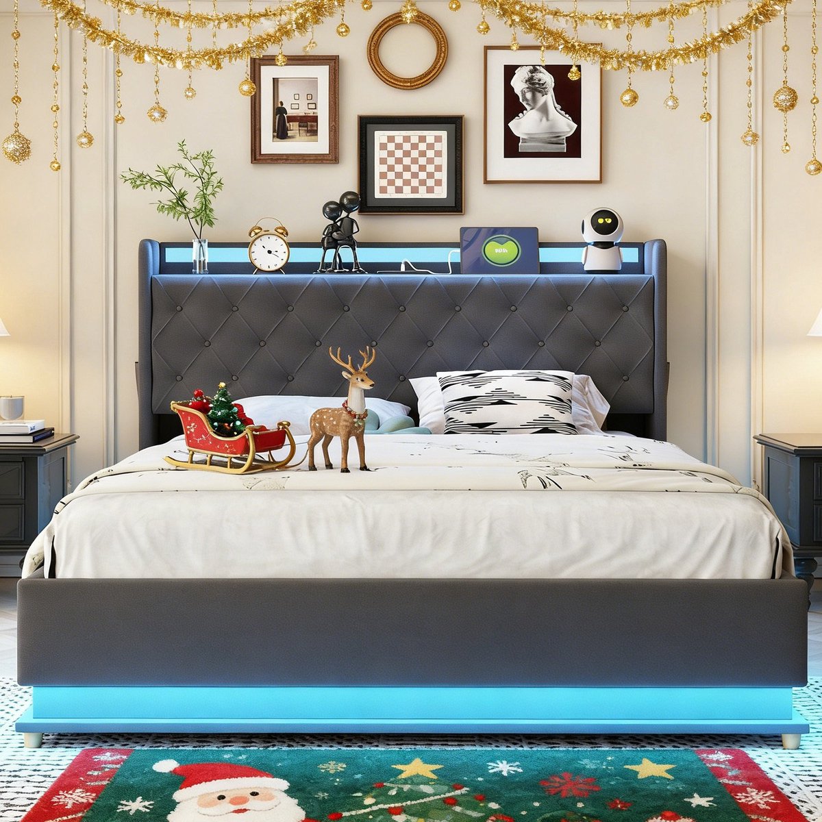 MODFU LED-gepolsterd bed 140×200 cm – meerkleurige LED, USB-oplader, hydraulische bergruimte, grijs