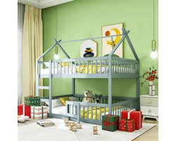 MODFU Ledikant 140x200 cm van massief hout, hoog-laag familiebed met trap en veilig hek, grijs