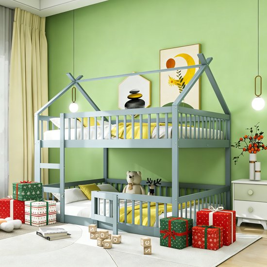 MODFU Ledikant 140x200 cm – Massief hout grijs – Hoog-laag familiebed met trap & veilig hek – 120 kg