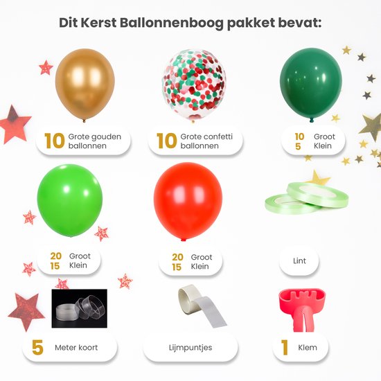 Contenu du paquet d'arche de ballons de Noël : ballons dorés, à confettis et verts, ruban, mètre de ficelle et pince.