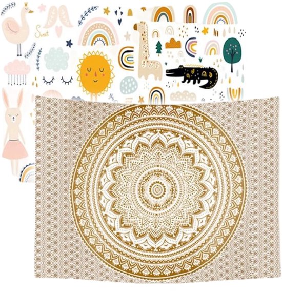 Ulticool - Tapisserie - Rainbow Animaux Nursery Mandala Bohemian Hippie - Set de 2 motifs - 73 cm x 95 cm - Tissu Tapisserie Peinture - Poster Art - Beige Goud