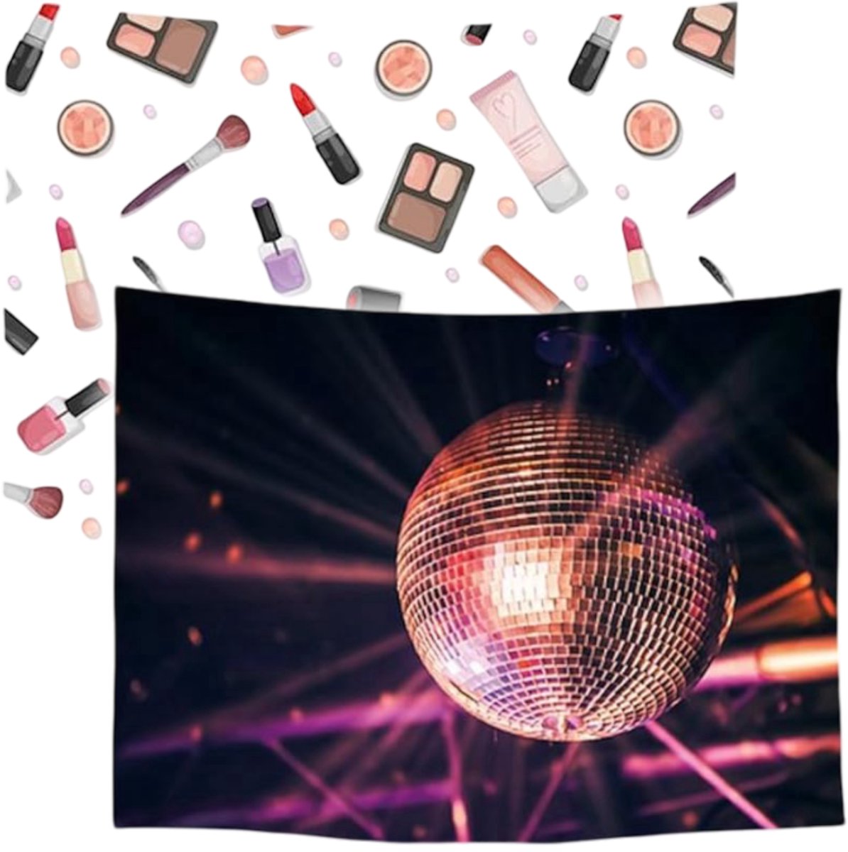 Ulticool – Wandkleed - Make Up Lippenstift Nagellak Discobal Discolicht Discolamp – Set van 2 designs - 73 cm x 95 cm – Schilderij Wandtapijt Stof – Poster Art – Zilver Goud Roze