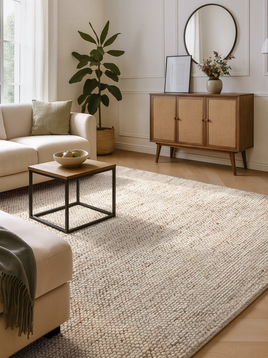 Villeroy & Boch Natuurlijk Vloerkleed Peas Natural Creme / Beige - Wol/Jute/Katoen Mix - Laagpolig Bolletjes Vloerkleed - 120x180 cm